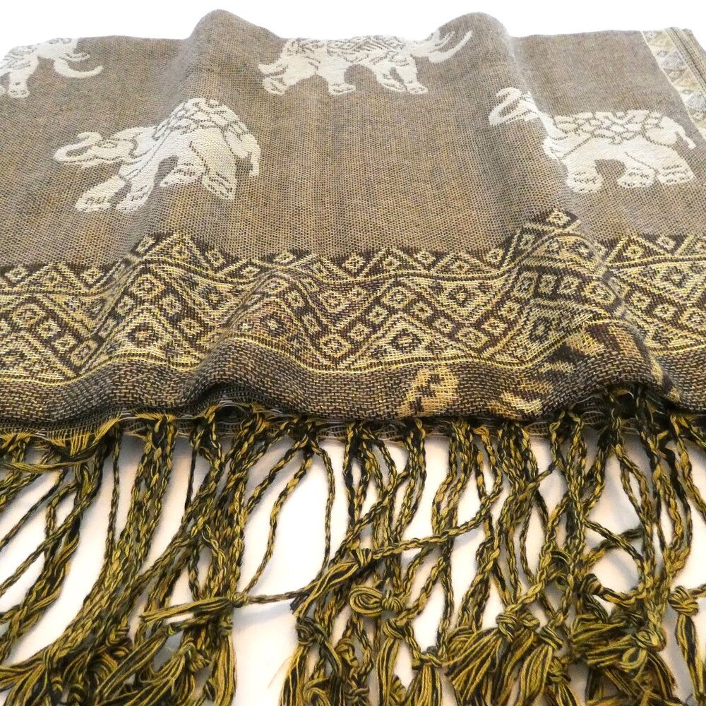 Silk Cashmere Scarf 74"x28" Brown Gold Thailand Embossed Elephants Luck Romantic